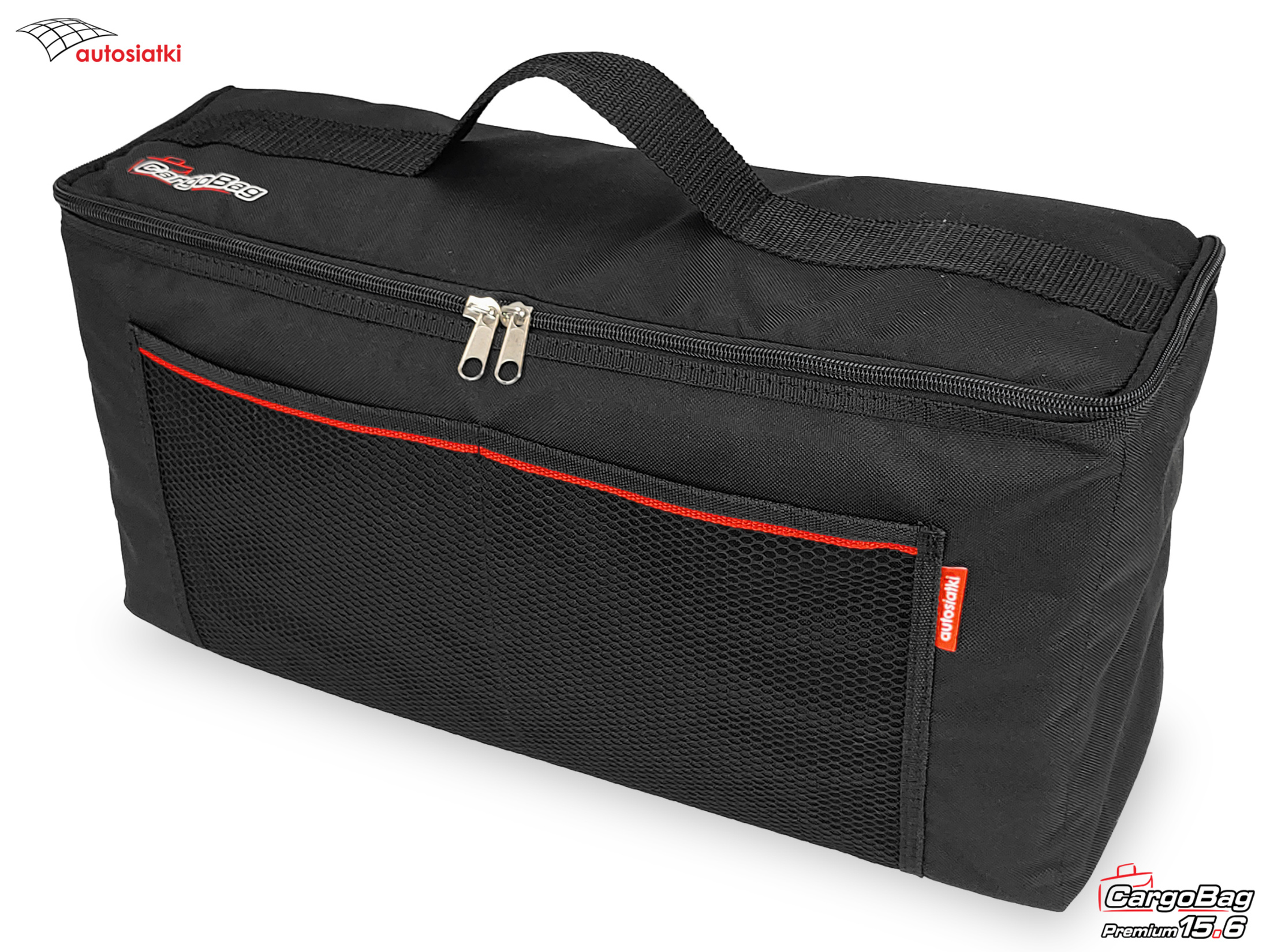 Czarna torba organizer samochodowy CargoBag 15.6 firmy Autosiatki.pl, wykonana z wodoodpornej kordury, z czerwoną lamówką przy przedniej siatkowej kieszeni i solidnym uchwytem.
